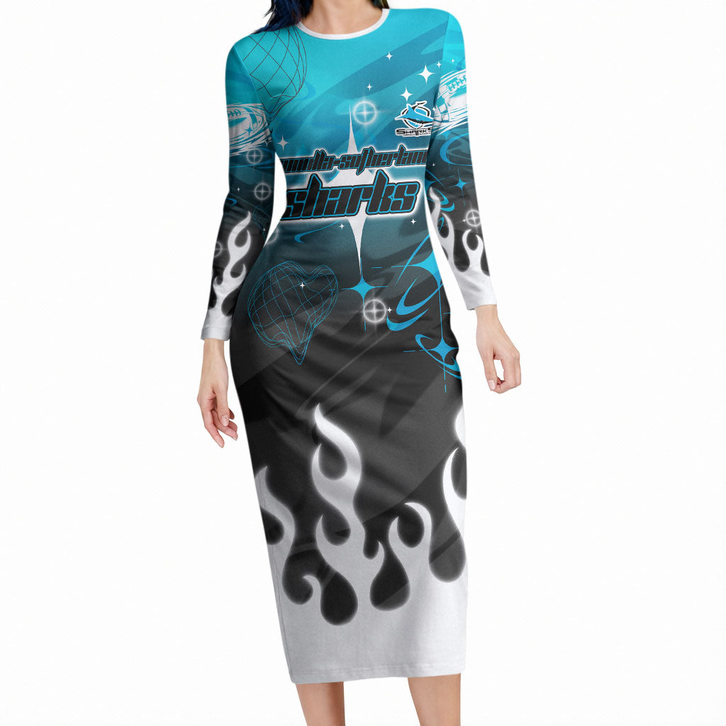 Personalized Cronulla-Sutherland Sharks Long Sleeve Bodycon Dress Y2K Grunge Aesthetic With Cyber Flames and Starburst Graphics