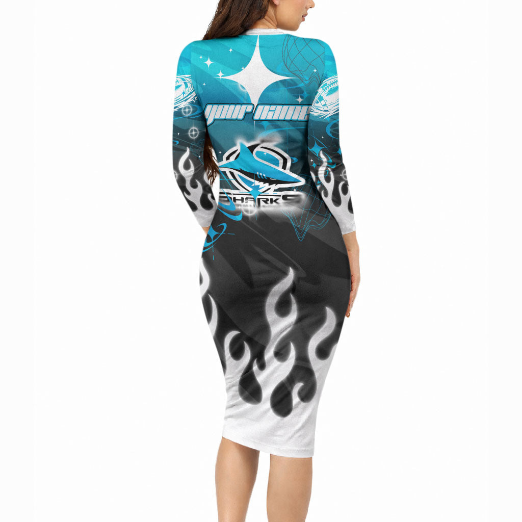 Personalized Cronulla-Sutherland Sharks Long Sleeve Bodycon Dress Y2K Grunge Aesthetic With Cyber Flames and Starburst Graphics
