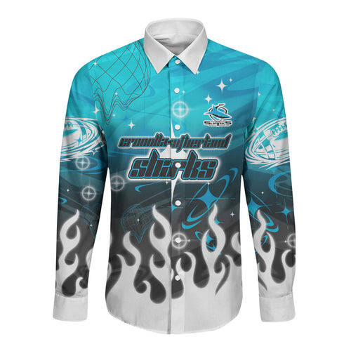 Personalized Cronulla-Sutherland Sharks Long Sleeve Button Shirt Y2K Grunge Aesthetic With Cyber Flames and Starburst Graphics