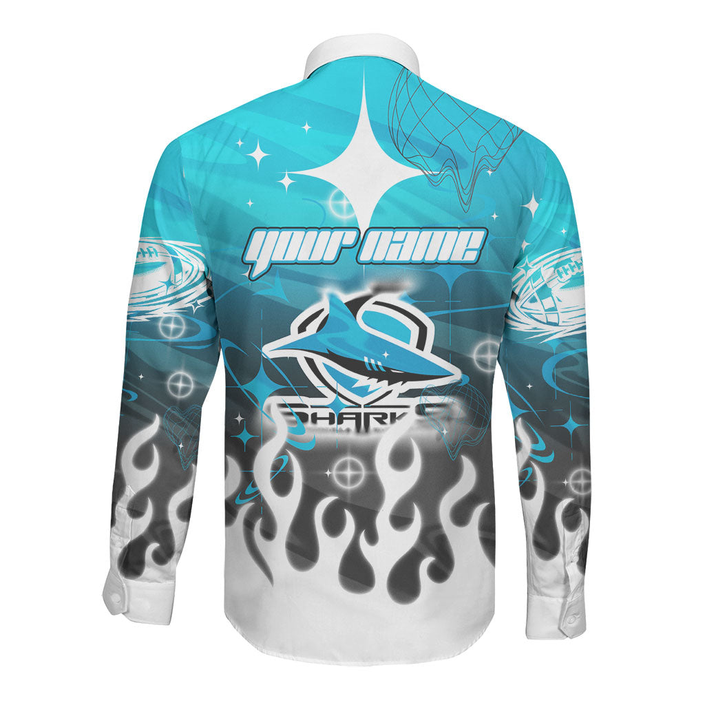 Personalized Cronulla-Sutherland Sharks Long Sleeve Button Shirt Y2K Grunge Aesthetic With Cyber Flames and Starburst Graphics
