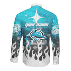 Personalized Cronulla-Sutherland Sharks Long Sleeve Button Shirt Y2K Grunge Aesthetic With Cyber Flames and Starburst Graphics