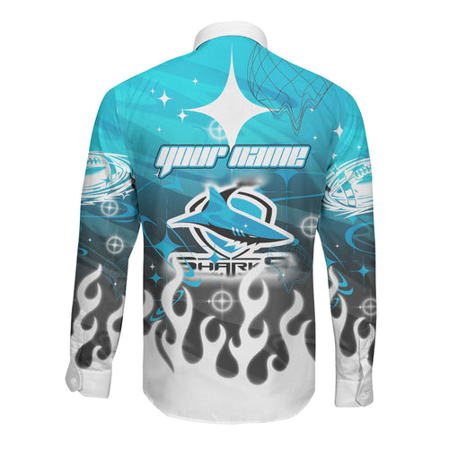 Personalized Cronulla-Sutherland Sharks Long Sleeve Button Shirt Y2K Grunge Aesthetic With Cyber Flames and Starburst Graphics