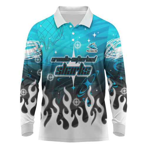 Personalized Cronulla-Sutherland Sharks Long Sleeve Polo Shirt Y2K Grunge Aesthetic With Cyber Flames and Starburst Graphics