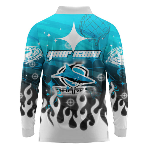 Personalized Cronulla-Sutherland Sharks Long Sleeve Polo Shirt Y2K Grunge Aesthetic With Cyber Flames and Starburst Graphics