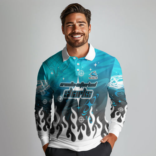Personalized Cronulla-Sutherland Sharks Long Sleeve Polo Shirt Y2K Grunge Aesthetic With Cyber Flames and Starburst Graphics