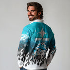 Personalized Cronulla-Sutherland Sharks Long Sleeve Polo Shirt Y2K Grunge Aesthetic With Cyber Flames and Starburst Graphics