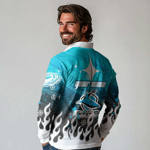 Personalized Cronulla-Sutherland Sharks Long Sleeve Polo Shirt Y2K Grunge Aesthetic With Cyber Flames and Starburst Graphics