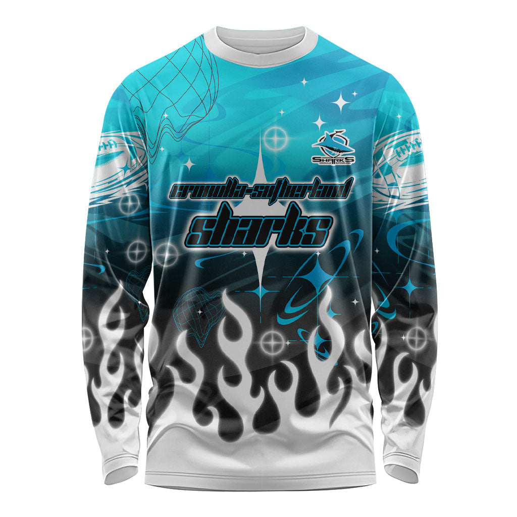 Personalized Cronulla-Sutherland Sharks Long Sleeve Shirt Y2K Grunge Aesthetic With Cyber Flames and Starburst Graphics
