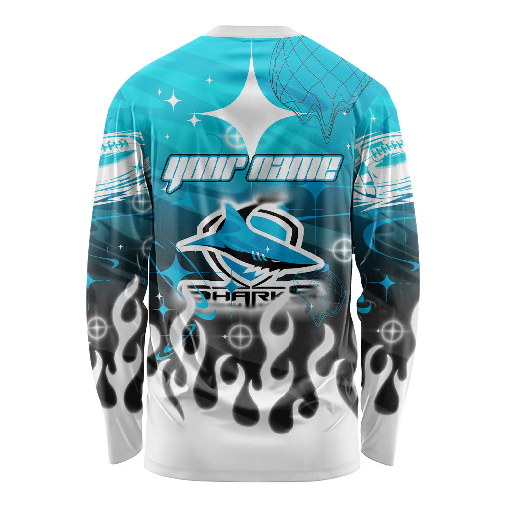 Personalized Cronulla-Sutherland Sharks Long Sleeve Shirt Y2K Grunge Aesthetic With Cyber Flames and Starburst Graphics