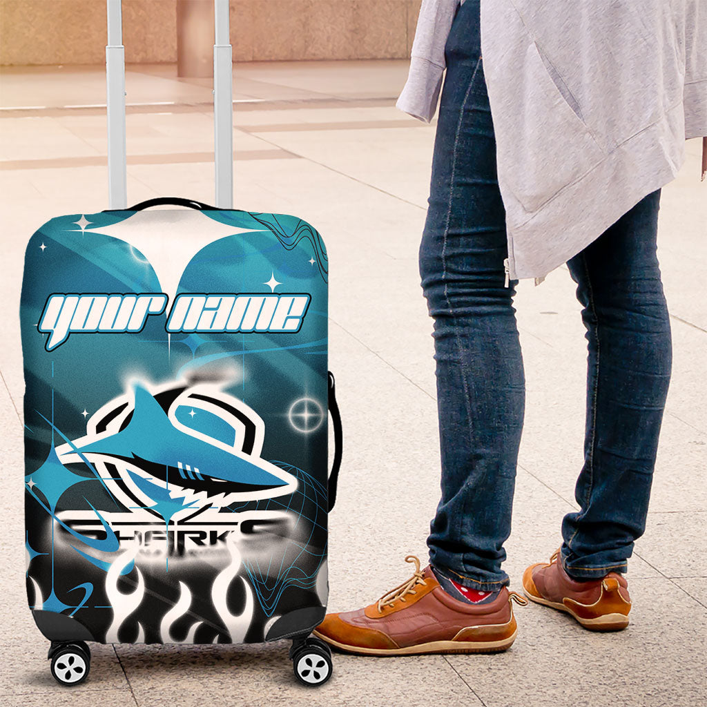 Personalized Cronulla-Sutherland Sharks Luggage Cover Y2K Grunge Aesthetic With Cyber Flames and Starburst Graphics