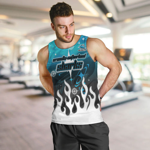 Personalized Cronulla-Sutherland Sharks Men Tank Top Y2K Grunge Aesthetic With Cyber Flames and Starburst Graphics