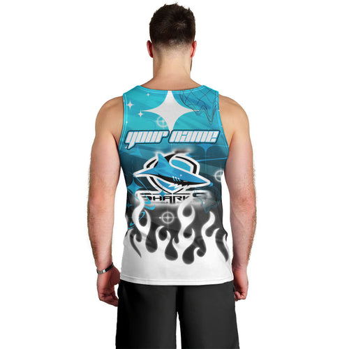 Personalized Cronulla-Sutherland Sharks Men Tank Top Y2K Grunge Aesthetic With Cyber Flames and Starburst Graphics