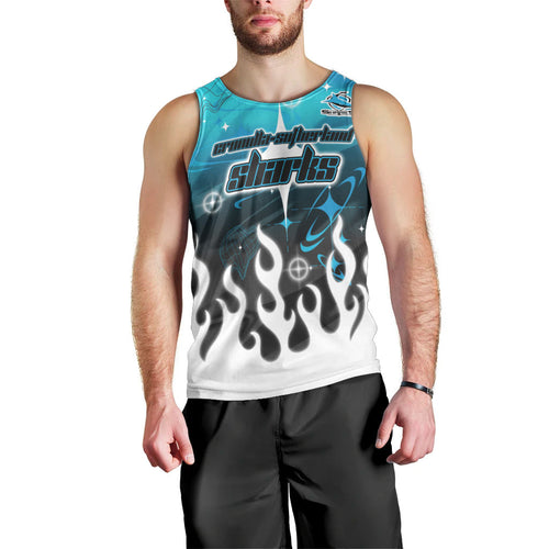 Personalized Cronulla-Sutherland Sharks Men Tank Top Y2K Grunge Aesthetic With Cyber Flames and Starburst Graphics