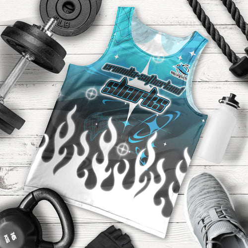 Personalized Cronulla-Sutherland Sharks Men Tank Top Y2K Grunge Aesthetic With Cyber Flames and Starburst Graphics