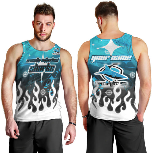 Personalized Cronulla-Sutherland Sharks Men Tank Top Y2K Grunge Aesthetic With Cyber Flames and Starburst Graphics
