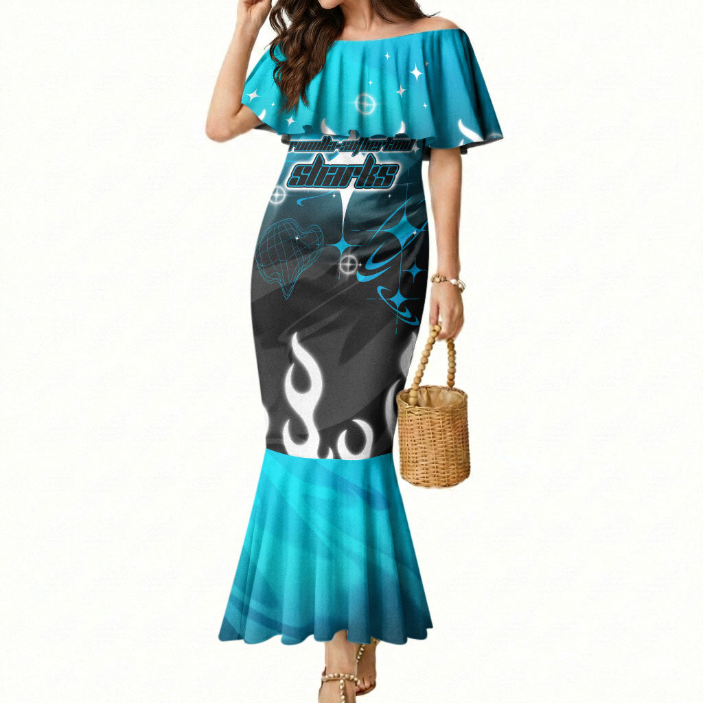 Personalized Cronulla-Sutherland Sharks Mermaid Dress Y2K Grunge Aesthetic With Cyber Flames and Starburst Graphics
