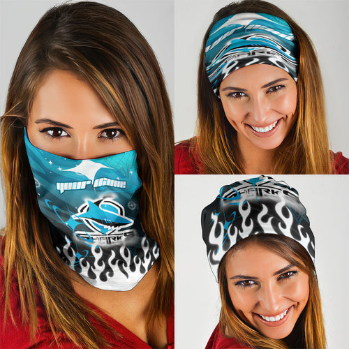 Personalized Cronulla-Sutherland Sharks Neck Gaiter Y2K Grunge Aesthetic With Cyber Flames and Starburst Graphics