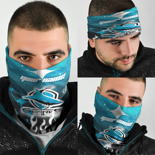 Personalized Cronulla-Sutherland Sharks Neck Gaiter Y2K Grunge Aesthetic With Cyber Flames and Starburst Graphics