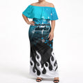 Personalized Cronulla-Sutherland Sharks Off Shoulder Maxi Dress Y2K Grunge Aesthetic With Cyber Flames and Starburst Graphics