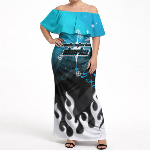 Personalized Cronulla-Sutherland Sharks Off Shoulder Maxi Dress Y2K Grunge Aesthetic With Cyber Flames and Starburst Graphics
