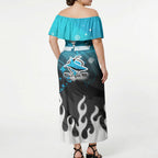 Personalized Cronulla-Sutherland Sharks Off Shoulder Maxi Dress Y2K Grunge Aesthetic With Cyber Flames and Starburst Graphics