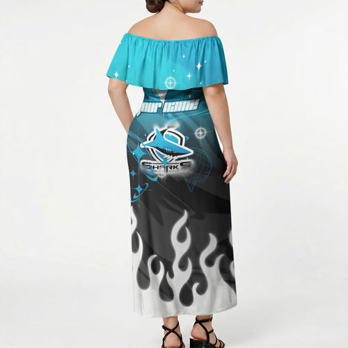Personalized Cronulla-Sutherland Sharks Off Shoulder Maxi Dress Y2K Grunge Aesthetic With Cyber Flames and Starburst Graphics