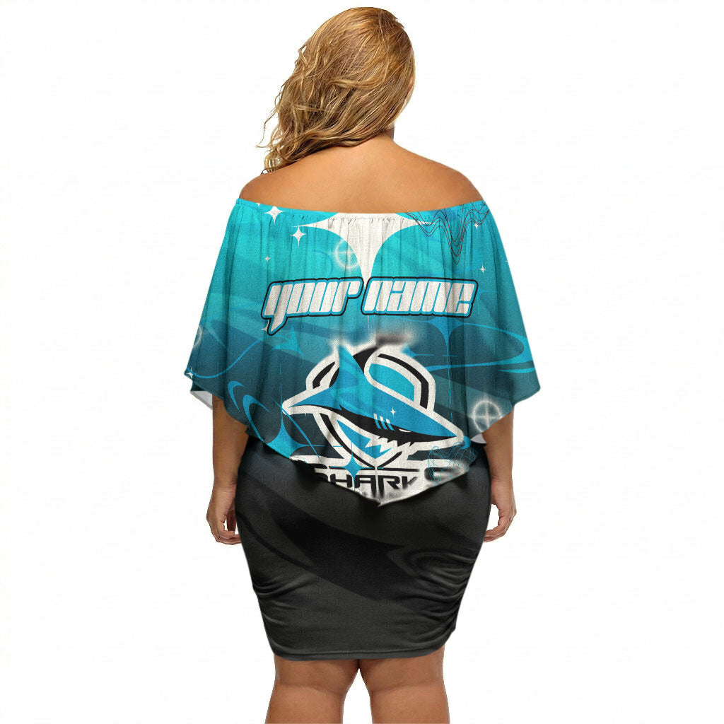 Personalized Cronulla-Sutherland Sharks Off Shoulder Short Dress Y2K Grunge Aesthetic With Cyber Flames and Starburst Graphics