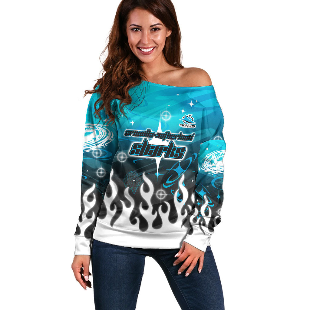 Personalized Cronulla-Sutherland Sharks Off Shoulder Sweater Y2K Grunge Aesthetic With Cyber Flames and Starburst Graphics