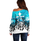 Personalized Cronulla-Sutherland Sharks Off Shoulder Sweater Y2K Grunge Aesthetic With Cyber Flames and Starburst Graphics