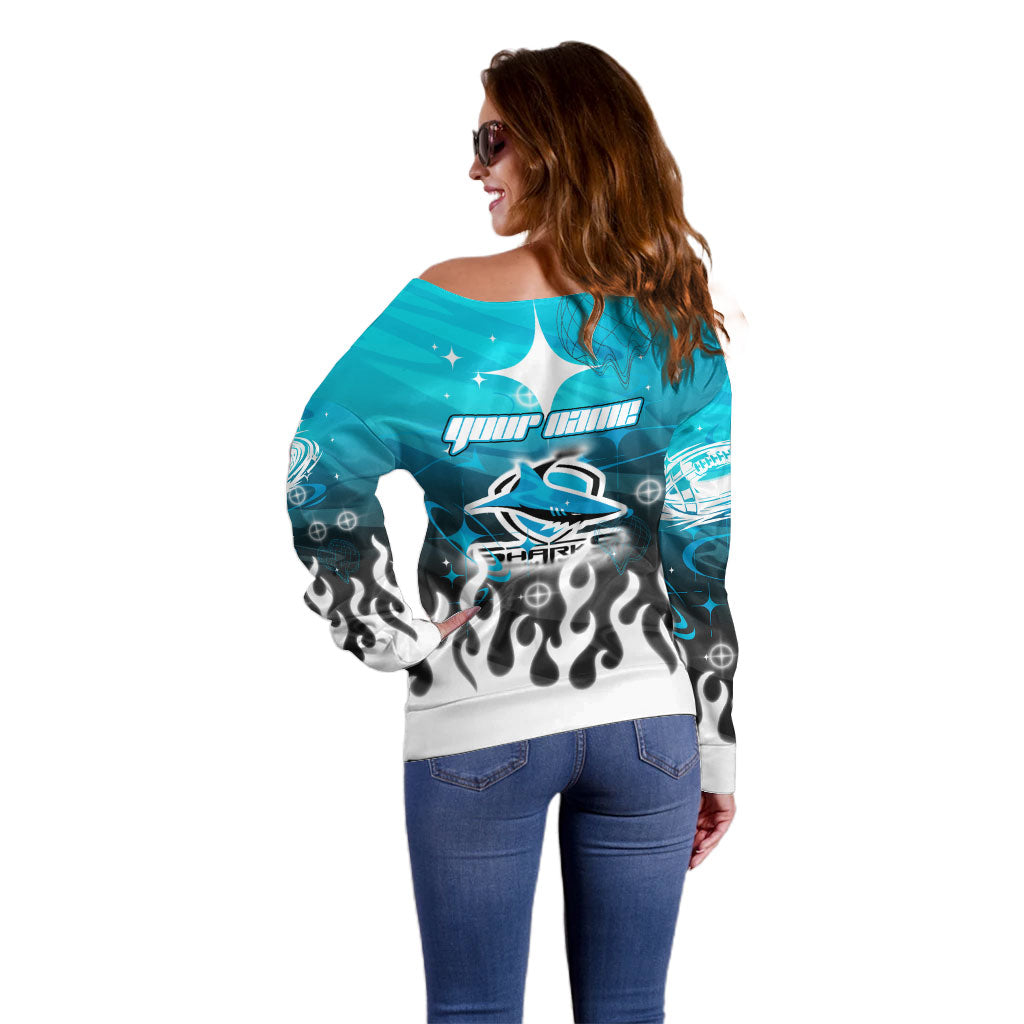 Personalized Cronulla-Sutherland Sharks Off Shoulder Sweater Y2K Grunge Aesthetic With Cyber Flames and Starburst Graphics