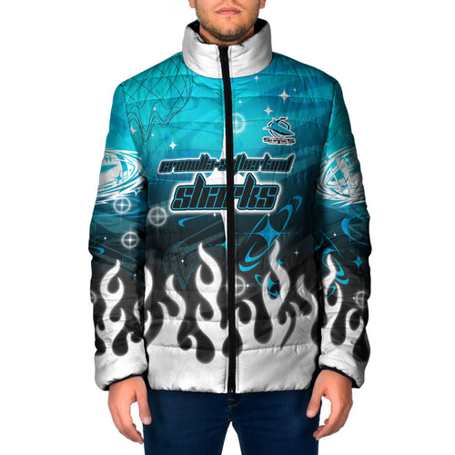 Personalized Cronulla-Sutherland Sharks Padded Jacket Y2K Grunge Aesthetic With Cyber Flames and Starburst Graphics