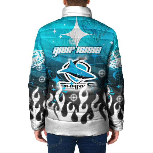 Personalized Cronulla-Sutherland Sharks Padded Jacket Y2K Grunge Aesthetic With Cyber Flames and Starburst Graphics