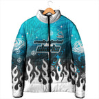 Personalized Cronulla-Sutherland Sharks Padded Jacket Y2K Grunge Aesthetic With Cyber Flames and Starburst Graphics