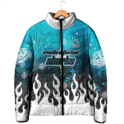 Personalized Cronulla-Sutherland Sharks Padded Jacket Y2K Grunge Aesthetic With Cyber Flames and Starburst Graphics