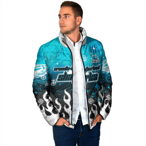 Personalized Cronulla-Sutherland Sharks Padded Jacket Y2K Grunge Aesthetic With Cyber Flames and Starburst Graphics