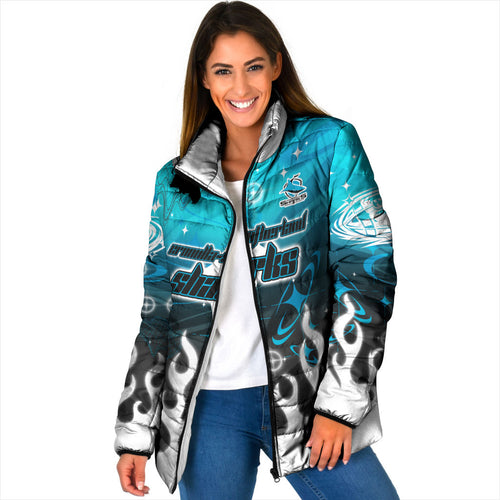 Personalized Cronulla-Sutherland Sharks Padded Jacket Y2K Grunge Aesthetic With Cyber Flames and Starburst Graphics