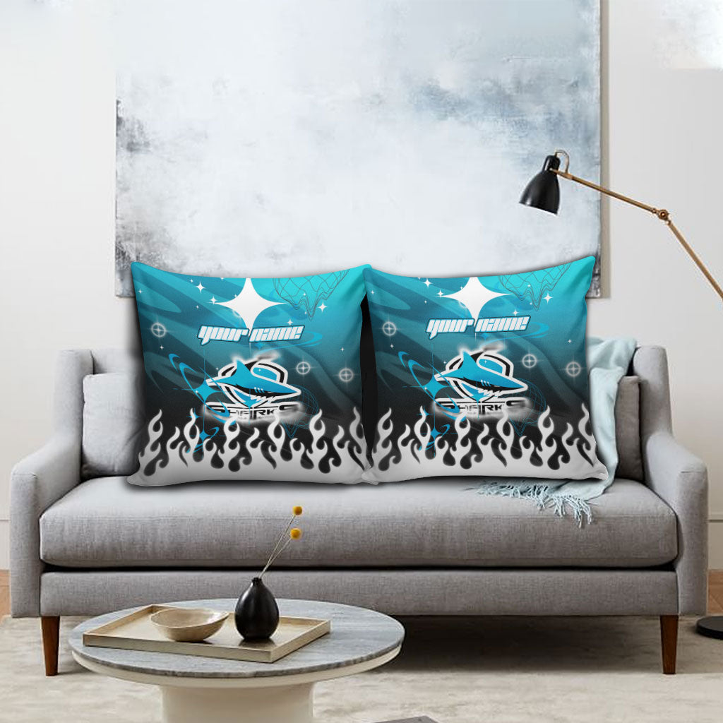 Personalized Cronulla-Sutherland Sharks Pillow Cover Y2K Grunge Aesthetic With Cyber Flames and Starburst Graphics