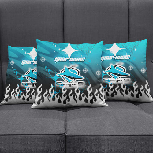 Personalized Cronulla-Sutherland Sharks Pillow Cover Y2K Grunge Aesthetic With Cyber Flames and Starburst Graphics