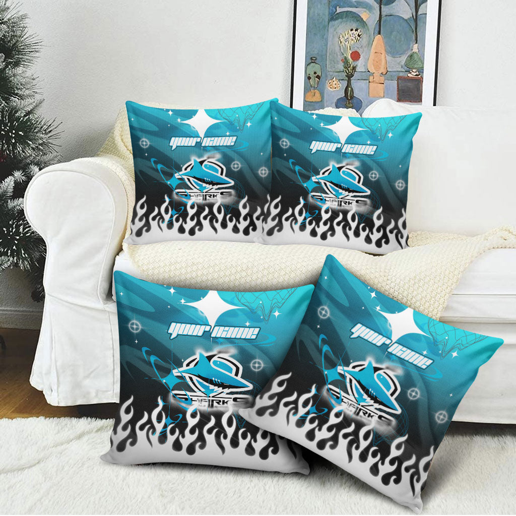 Personalized Cronulla-Sutherland Sharks Pillow Cover Y2K Grunge Aesthetic With Cyber Flames and Starburst Graphics