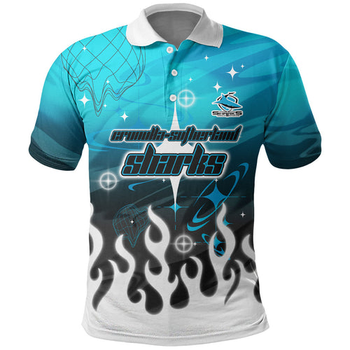 Personalized Cronulla-Sutherland Sharks Polo Shirt Y2K Grunge Aesthetic With Cyber Flames and Starburst Graphics