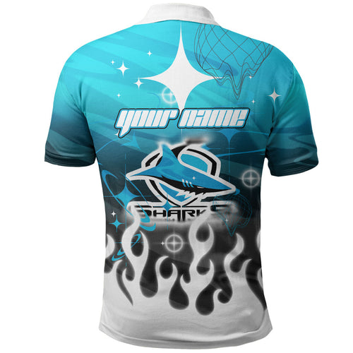 Personalized Cronulla-Sutherland Sharks Polo Shirt Y2K Grunge Aesthetic With Cyber Flames and Starburst Graphics