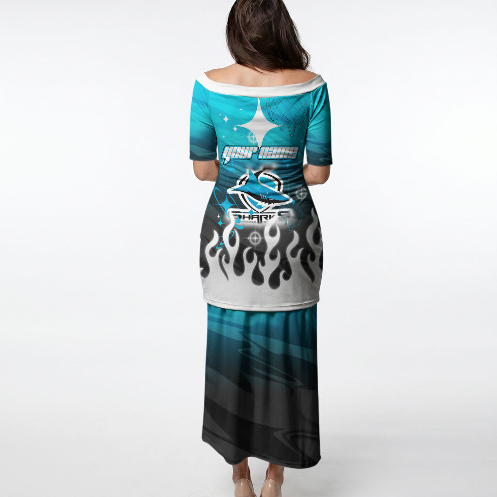 Personalized Cronulla-Sutherland Sharks Puletasi Y2K Grunge Aesthetic With Cyber Flames and Starburst Graphics