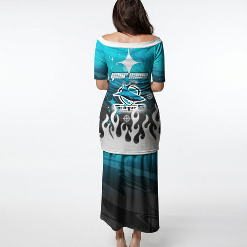 Personalized Cronulla-Sutherland Sharks Puletasi Y2K Grunge Aesthetic With Cyber Flames and Starburst Graphics