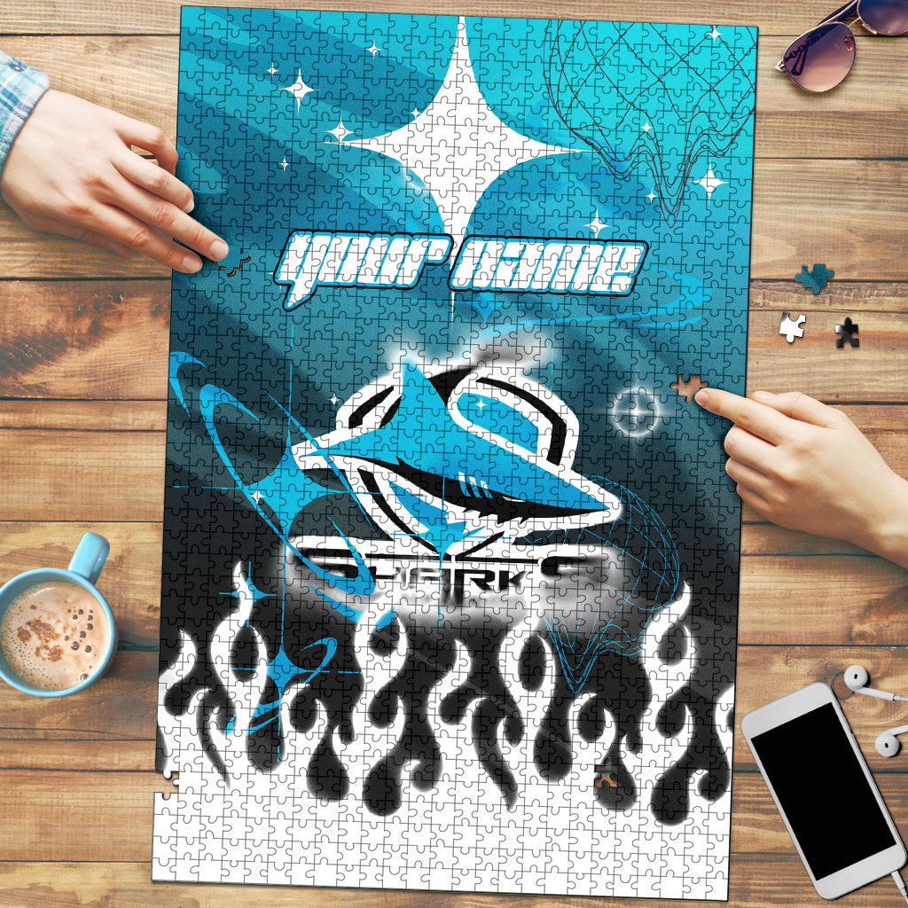 Personalized Cronulla-Sutherland Sharks Puzzle Y2K Grunge Aesthetic With Cyber Flames and Starburst Graphics