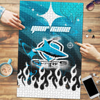 Personalized Cronulla-Sutherland Sharks Puzzle Y2K Grunge Aesthetic With Cyber Flames and Starburst Graphics