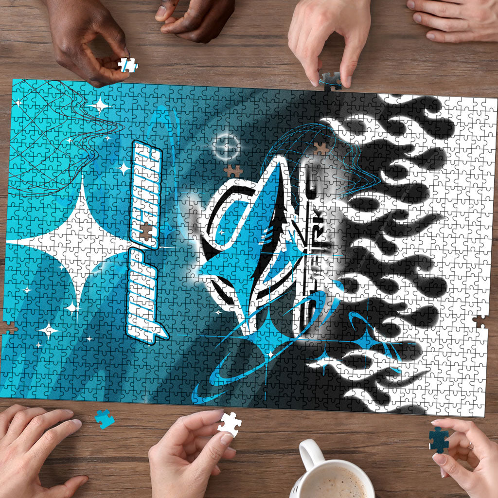 Personalized Cronulla-Sutherland Sharks Puzzle Y2K Grunge Aesthetic With Cyber Flames and Starburst Graphics