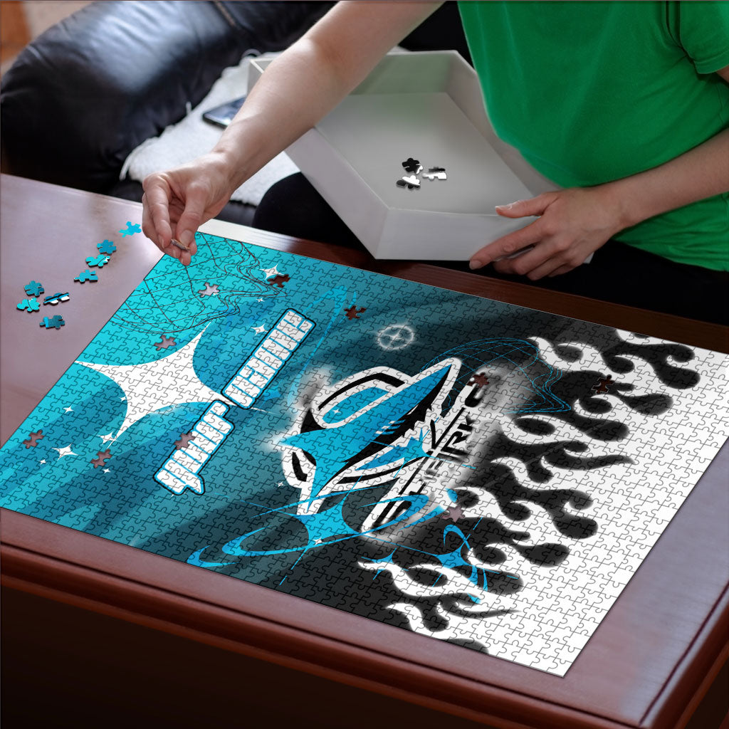 Personalized Cronulla-Sutherland Sharks Puzzle Y2K Grunge Aesthetic With Cyber Flames and Starburst Graphics