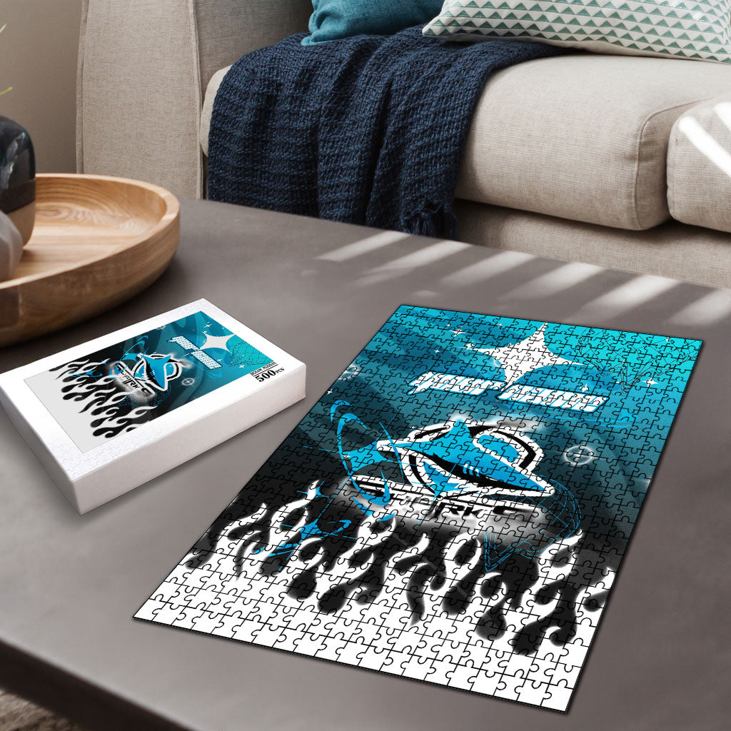 Personalized Cronulla-Sutherland Sharks Puzzle Y2K Grunge Aesthetic With Cyber Flames and Starburst Graphics