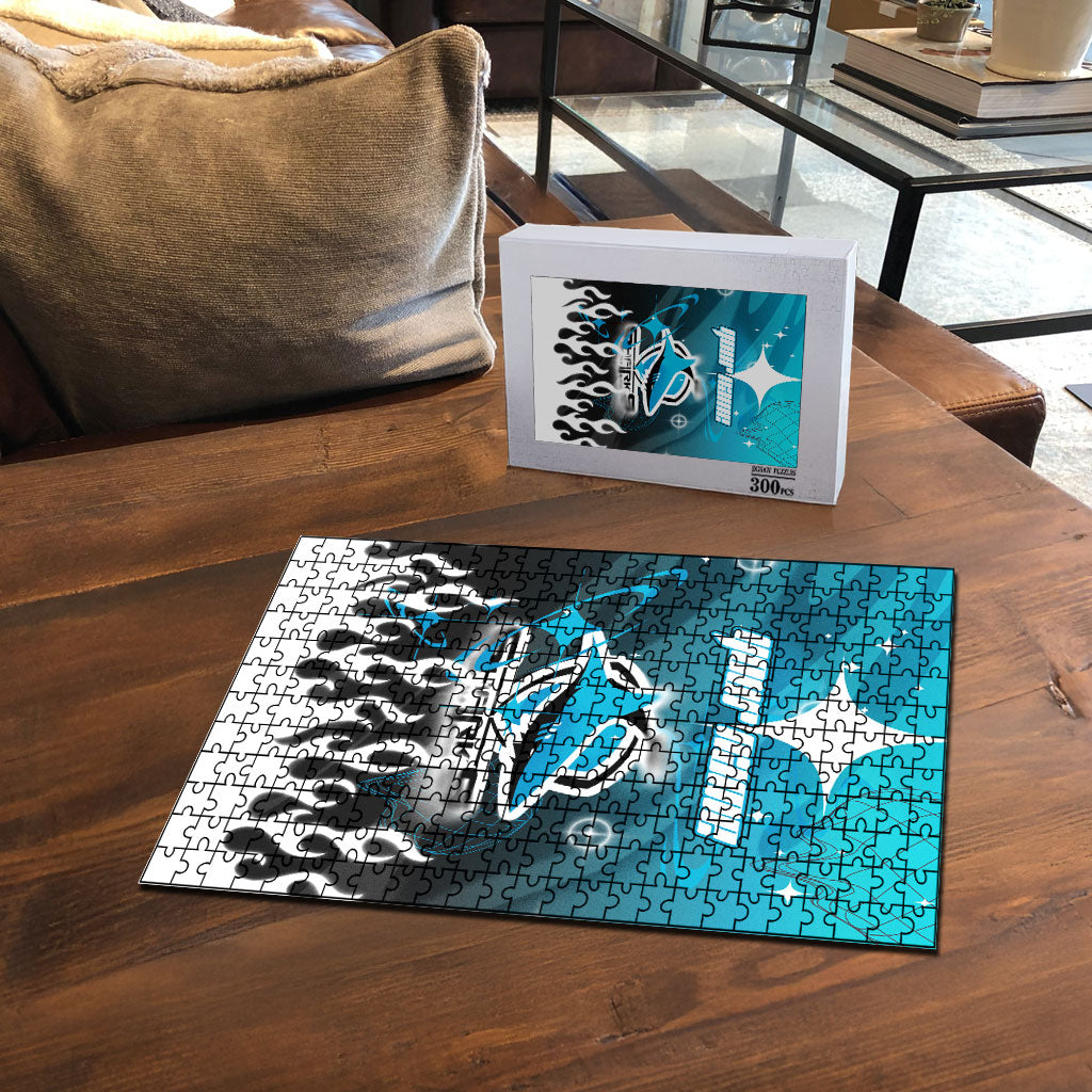 Personalized Cronulla-Sutherland Sharks Puzzle Y2K Grunge Aesthetic With Cyber Flames and Starburst Graphics