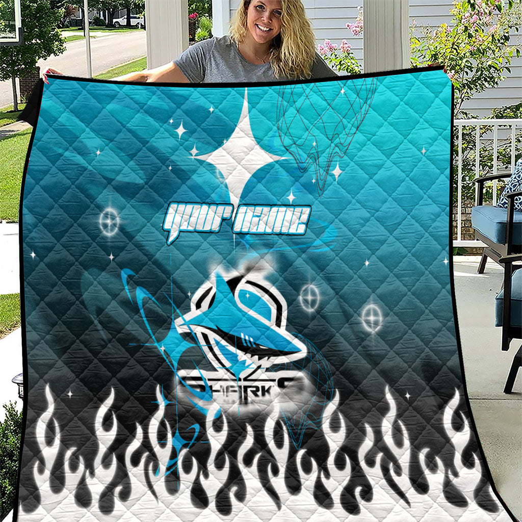 Personalized Cronulla-Sutherland Sharks Quilt Y2K Grunge Aesthetic With Cyber Flames and Starburst Graphics